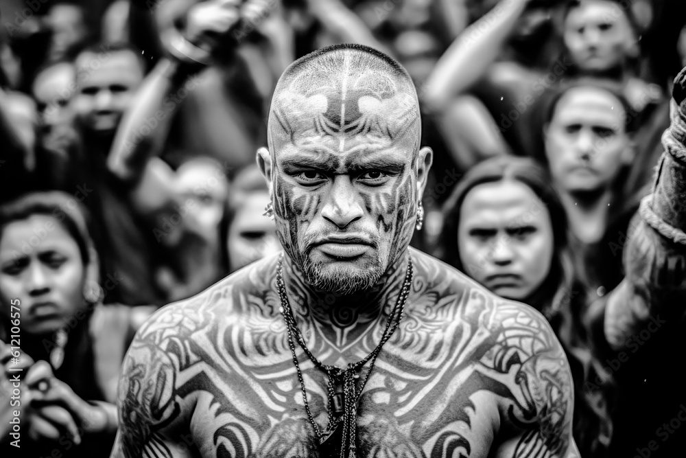 Naklejka premium Black and White Photograph of a Traditional Rangatira Dance Haka Generative AI KI Digital Art Wallpaper Journal Background