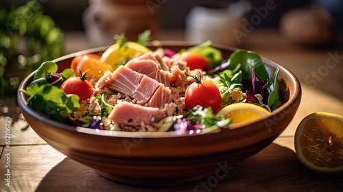 close up tuna salad bowl, idea for healthy food rich with fiber and vitamin, Generative Ai