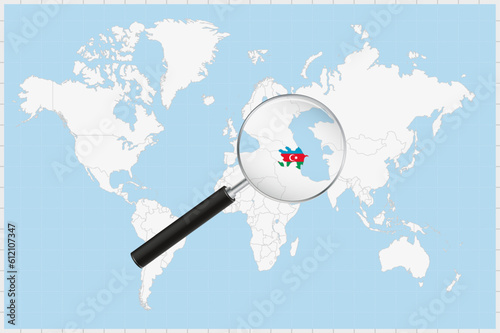 Magnifying glass showing a map of Azerbaijan on a world map.