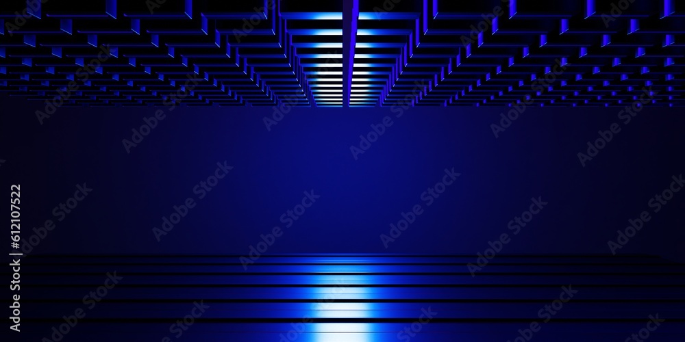 Obraz premium futuristic gaming esports background abstract wallpaper, cyberpunk style scifi game, stage concert scene in pedestal display room, led neon glow light, 3d illustration rendering