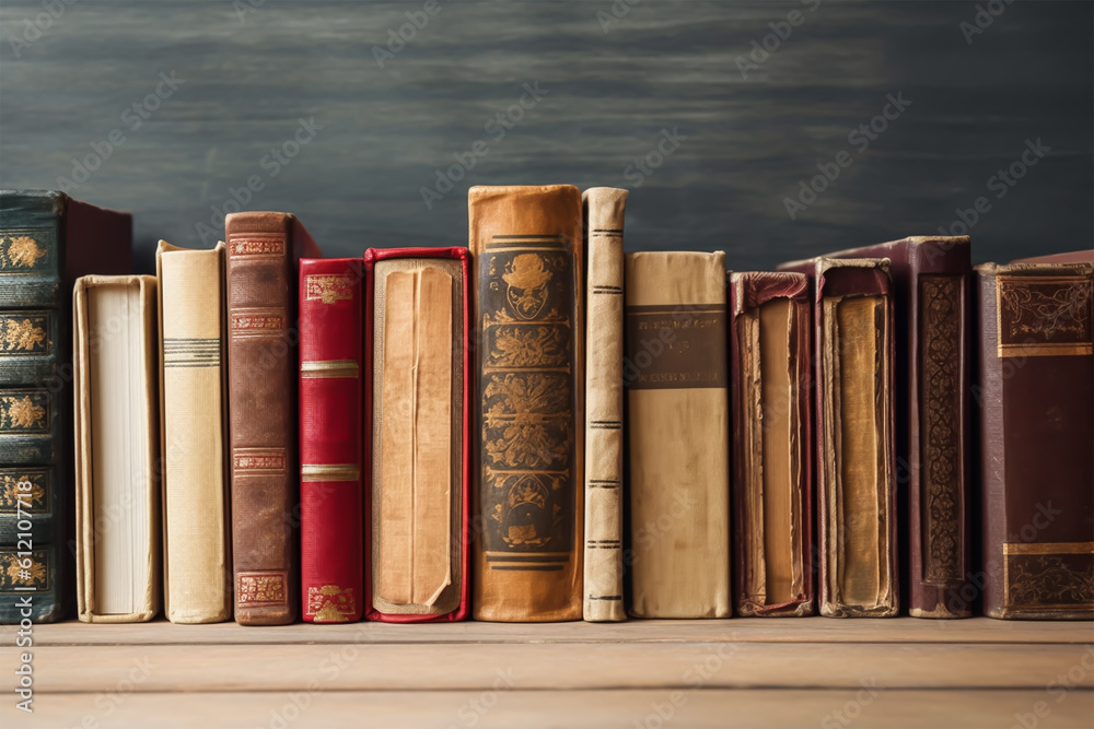 Naklejka premium Collection of old books on wooden background with copy space 