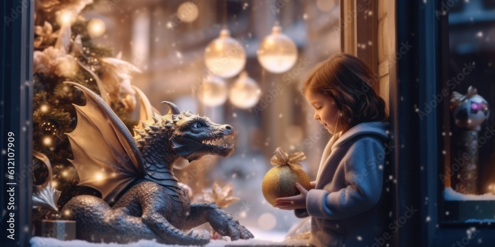 dragon and girl postcard new year christmas concept generative ai