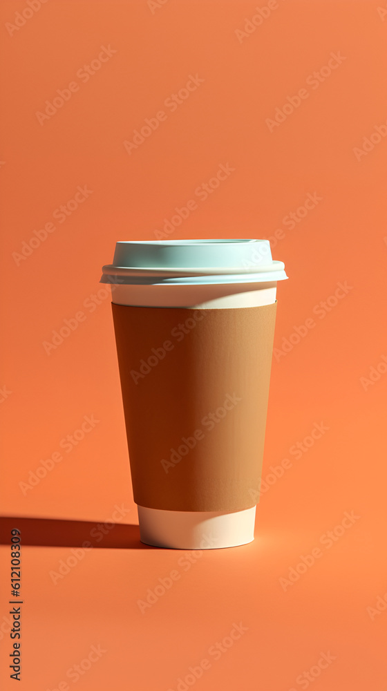 Disposable coffee cup illustration, flat design with long shadow on a trendy colored background. Paper coffee cup vertical image. Coffee to go or takeaway coffee concept. Generative AI