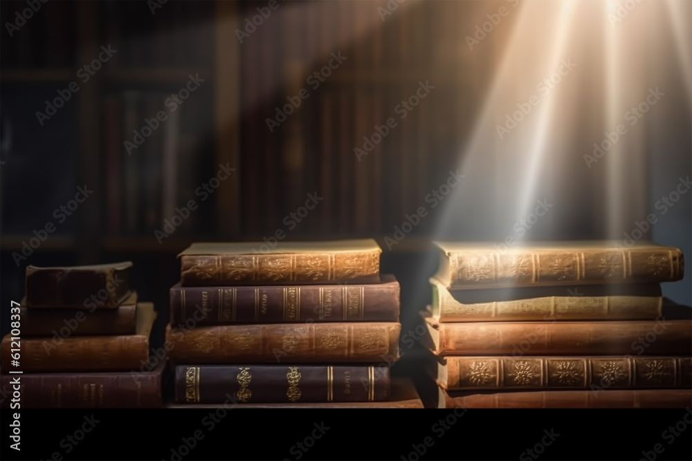 old books on wooden table blurry library in background with copy space, 