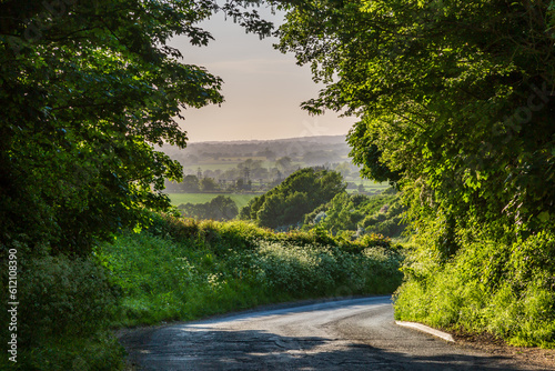 Looking down a country road in Sussex over farmland, on a sunny evening in May photo