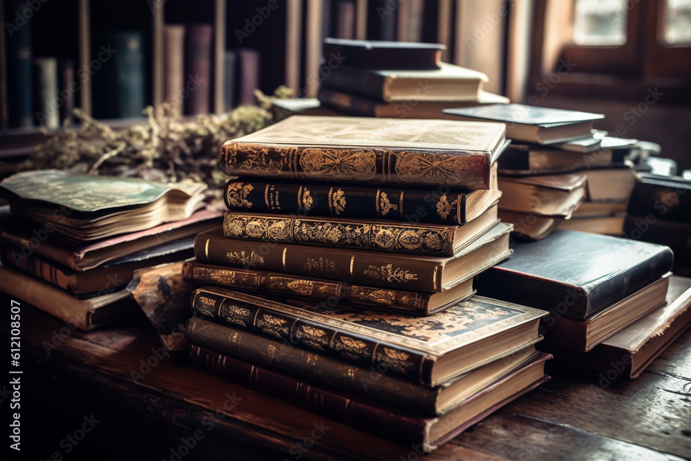 old books on wooden table blurry library in background with copy space, old books on wooden table blurry library in background with copy space,