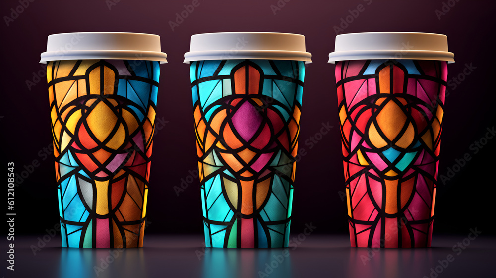 Set of disposable paper cups with stained glass drawing. Coffee to go or take away coffee concept. Recycling paper cups for hot drinks illustration for cafe, coffee shop, coffee house. Generative AI Set of disposable paper cups with stained glass drawing. Coffee to go or take away coffee concept. Recycling paper cups for hot drinks illustration for cafe, coffee shop, coffee house. Generative AI