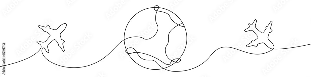 Planet and planes icon line continuous drawing vector. One line Planet and planes icon vector background. Travel by plane icon. Continuous outline of a Airplane flight. Planet and planes icon line continuous drawing vector. One line Planet and planes icon vector background. Travel by plane icon. Continuous outline of a Airplane flight.
