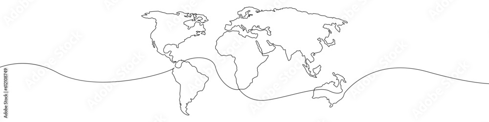 World map icon line continuous drawing vector. One line World map icon vector background. World map icon. Continuous outline of a World map. - obrazy, fototapety, plakaty 