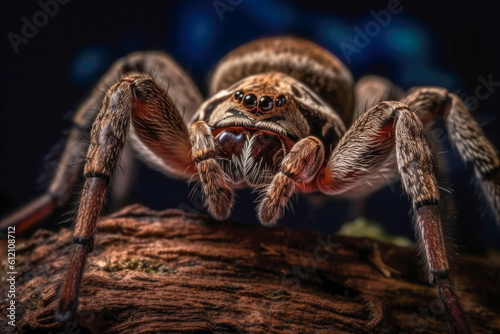 Close-up view of the Brazilian wandering spider, known for its venomous bite, vibrant colors, and unique hunting techniques. Beauty and danger of this fascinating arachnid. Generative AI photo