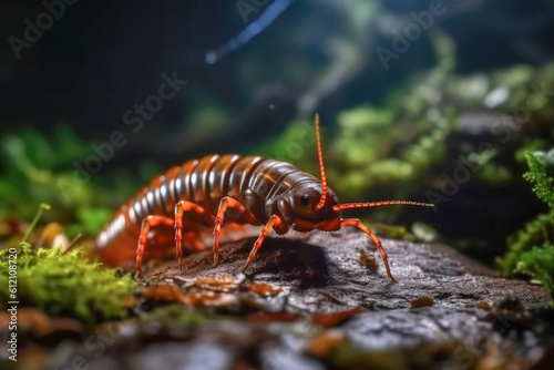 Centipede in its natural habitat, fascinating crawling anthropod with unique features and remarkable adaptability. Generative AI