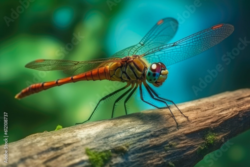 Dragonfly close-up, fascinating insect with intricate wings and vibrant colors. Generative AI