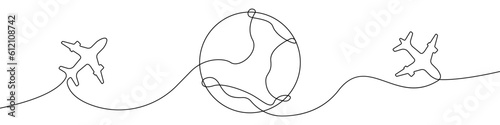 Planet and planes icon line continuous drawing vector. One line Planet and planes icon vector background. Travel by plane icon. Continuous outline of a Airplane flight.