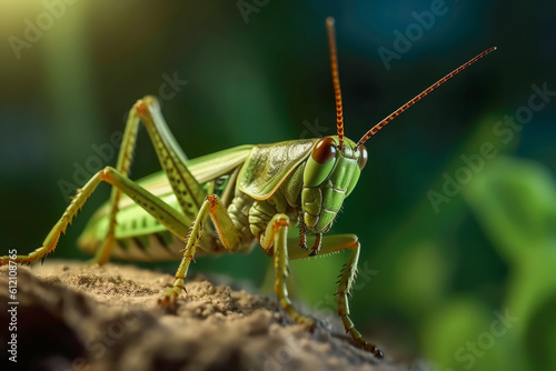 Grasshopper up close, an agile insect with fascinating features, including unique antennae, powerful hind legs, and vibrant coloration. Generative AI © Microgen