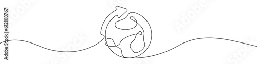 World map with arrow icon line continuous drawing vector. One line World map with arrow icon vector background. Planet with an arrow icon. Continuous outline of a Planet with an arrow.
