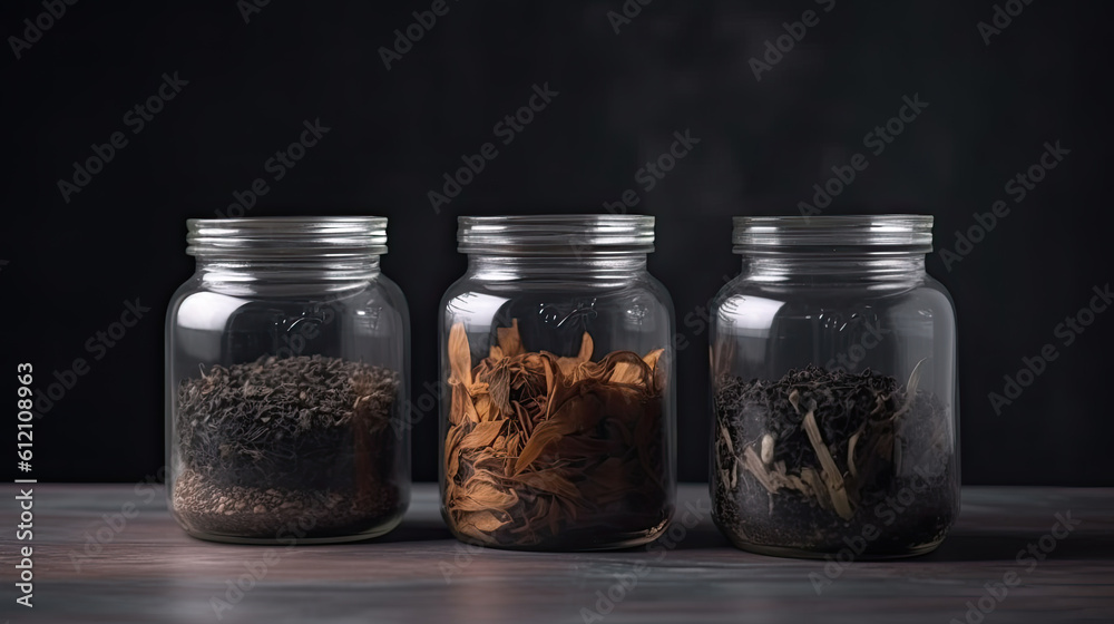 Glass jars with different spices in row on kitchen worktop closeup Generative AI