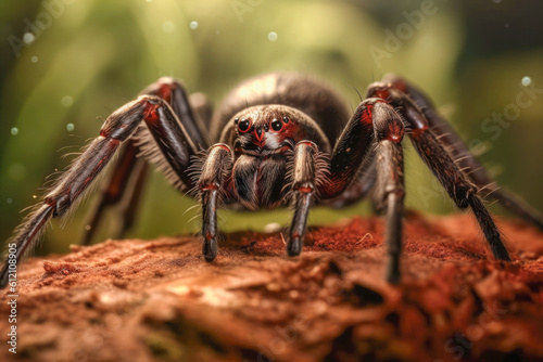 Deadly Sydney funnel-web spider Atrax robustus up close, known for its venomous bite, aggressive behavior, and distinct funnel-shaped webs. Generative AI. photo
