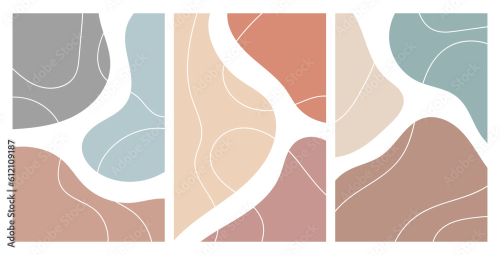 Set of trendy modern abstract pictures in on-trend colors. Neutral illustrations in minimalist style. Decorating walls, backgrounds, print. Vector