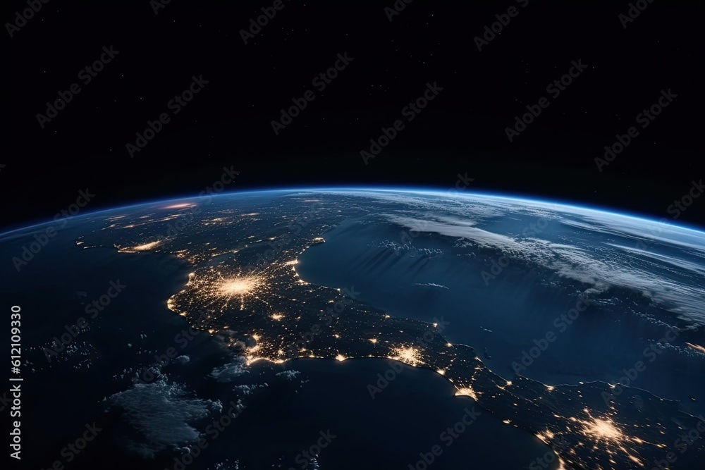 Night view of planet Earth from space. Elements of this image furnished by NASA, Planet Earth views at night from outer space, AI Generated