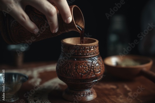 Woman pouring tea in clay pot on wooden table, Pouring Turkish coffee close up from a decorated coffee cup, AI Generated