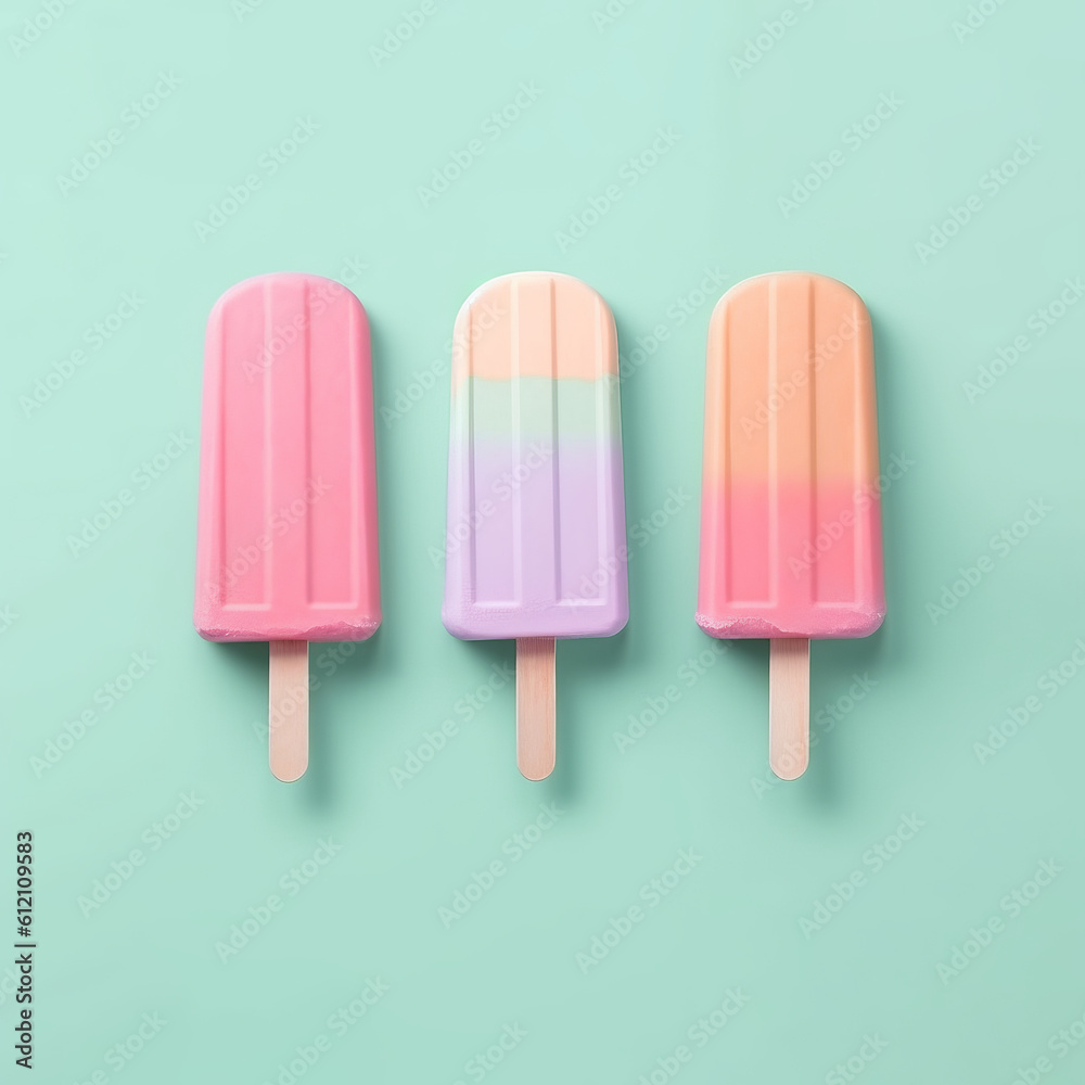 Summer colorful ice cream melts on a mint background. Refreshing holiday concept