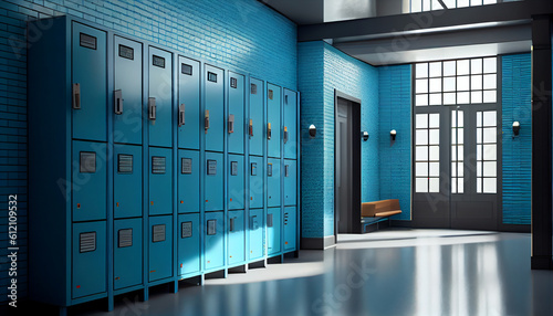 Sports background of a locker room with blue metal cage style lockers, some open, with a wooden bench Generative AI