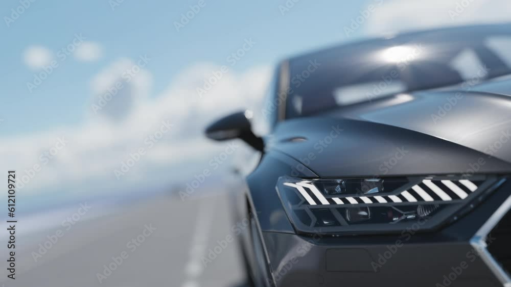 3d visualization of the front headlight of a car on the highway