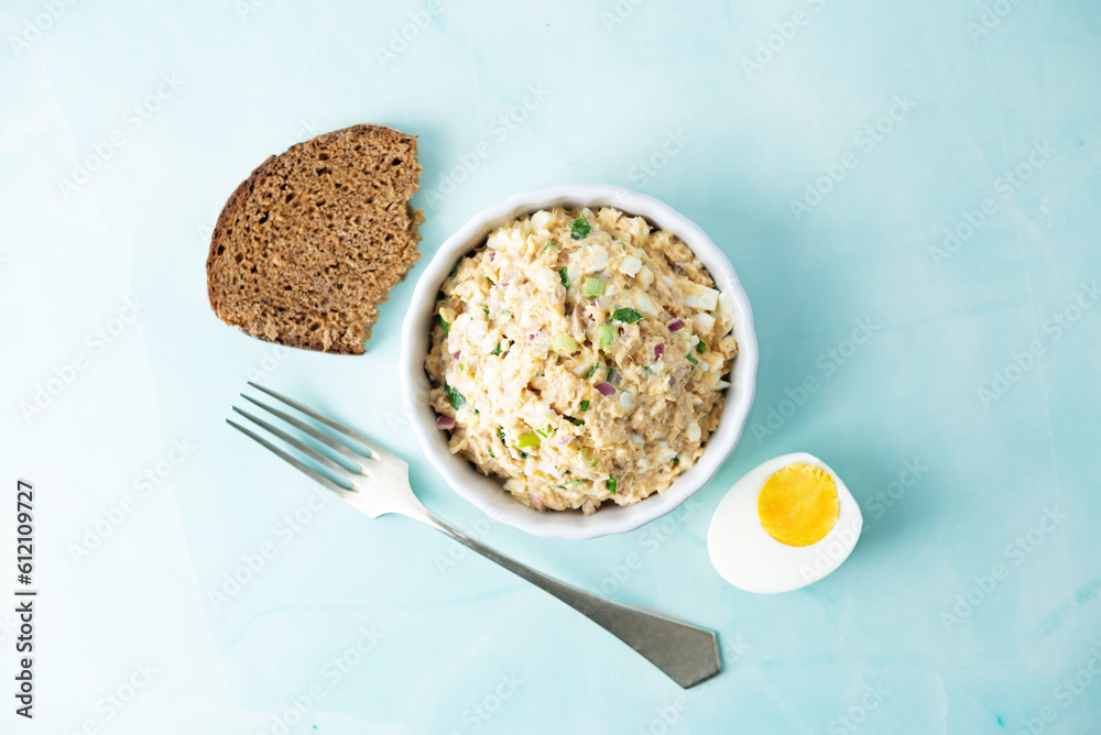 Canned Tuna red onion egg salad on the plate Canned Tuna red onion egg salad on the plate