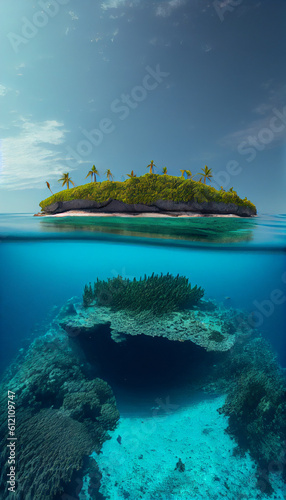 Maldives paradise scenery. Tropical aerial landscape, seascape with long jetty, water villas with amazing sea and lagoon beach, tropical nature. Exotic tourism destination banner, summer Generative AI © PaulShlykov