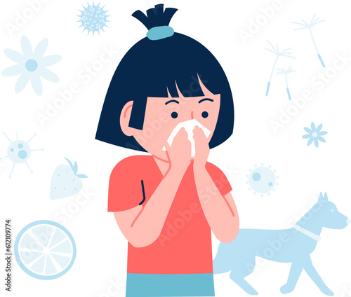 Girl has seasonal allergy or cold. Spring summer sneeze, asthma on pollen. Allergic person and allergens, pet, flowers and food, recent vector concept