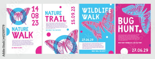 Nature Walk Trail Bug Hunt Butterfly Risograph Style Poster Designs for Events