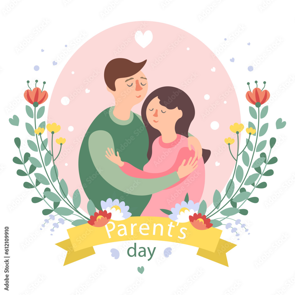 Happy parents day card. Mother and father hugging and kissing. Young family gift cartoon illustration Happy parents day card. Mother and father hugging and kissing. Young family gift cartoon illustration