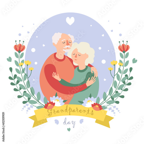 Happy grandparents day card. Fathers day greeting. Grandmother and grandfather are hugging. 
