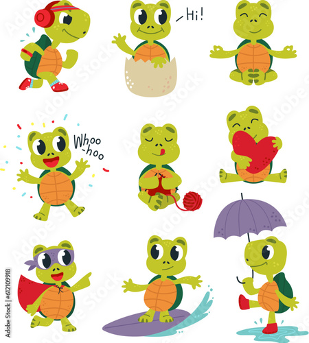 Cartoon turtles, walking comic turtle. Happy funny tortoise various poses. Cute sea animal rest and jogging, hobby and love classy vector characters