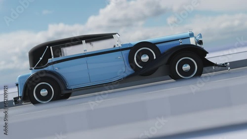 3d visualization of a retro car driving on the road