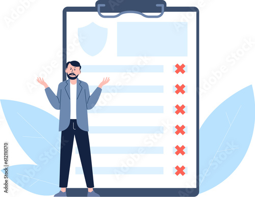 Bad time management. Sad man and unfinished to-do list, horrible medical check up results. Guy frustrated, negative feedback vector scene