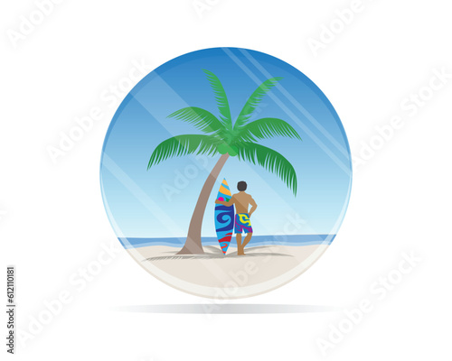 vector of a round pin-shaped scene on the beach at noon with a coconut tree and a surfer man wearing colorful abstract patterned pants and holding a surfboard