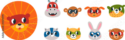 Cartoon animal superhero cute faces. Heroes bear, monkey, raccoon and dog in masks. Children stickers, wild animals avatars vector set