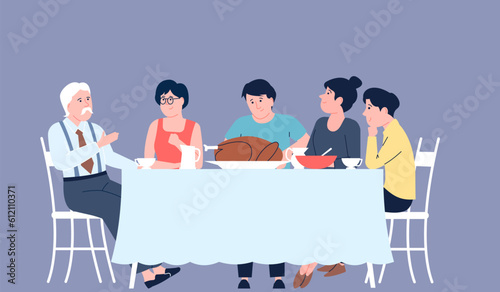 Thanksgiving dinner with family and turkey. People sitting at table with traditional meals. Holiday lunch, happy eating group, recent vector scene