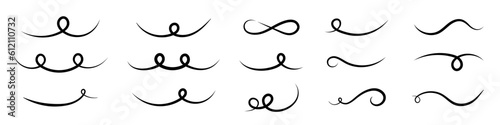 Swoosh and swash, swish vector line icon, black underline set, hand drawn swirl and curly text elements. Doodle retro collection isolated on white background.