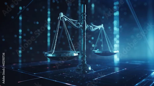 Obraz Law scales on background of data center. Digital law concept of duality of Judiciary, Jurisprudence and Justice and data in the modern world. Copy space. Based on Generative AI