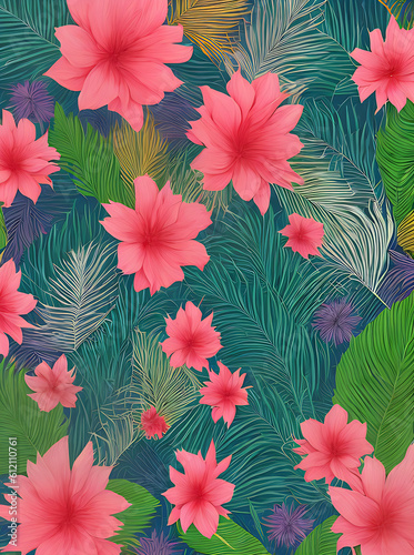 Tropical paper with botanical drawings neon colors.