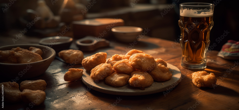 Chicken Nuggets with Beer, Chicken Nuggets with Sauces, Delicious Chicken Nuggets Isolated on Dark Background, Ai Generated Art.