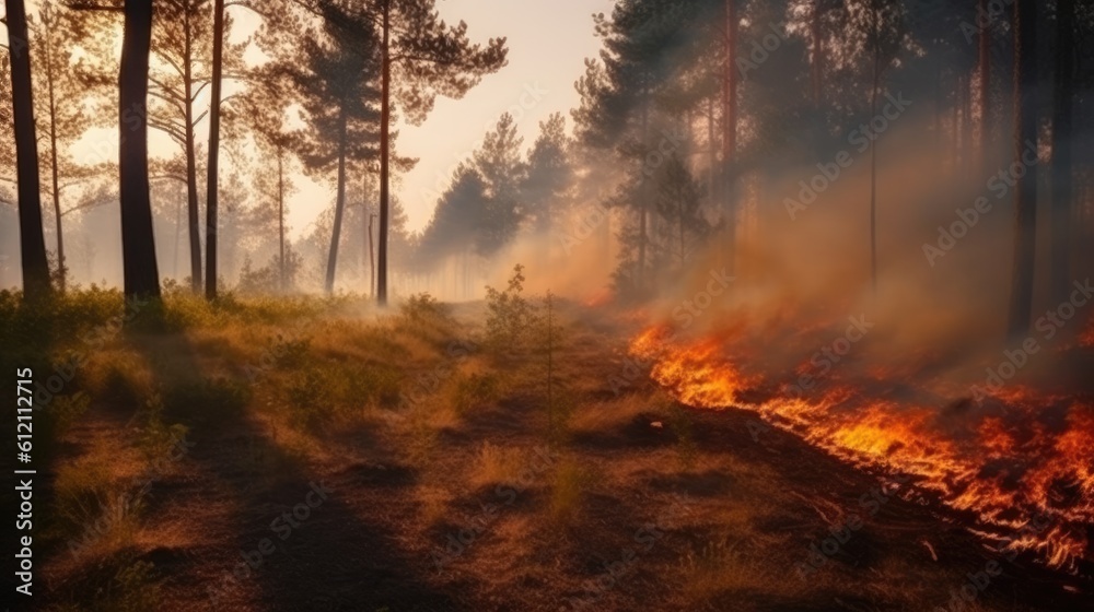 Forest fire in the forest. The concept of disaster and ecology, Burning dry grass and trees in the forest.Generative Ai Forest fire in the forest. The concept of disaster and ecology, Burning dry grass and trees in the forest.Generative Ai