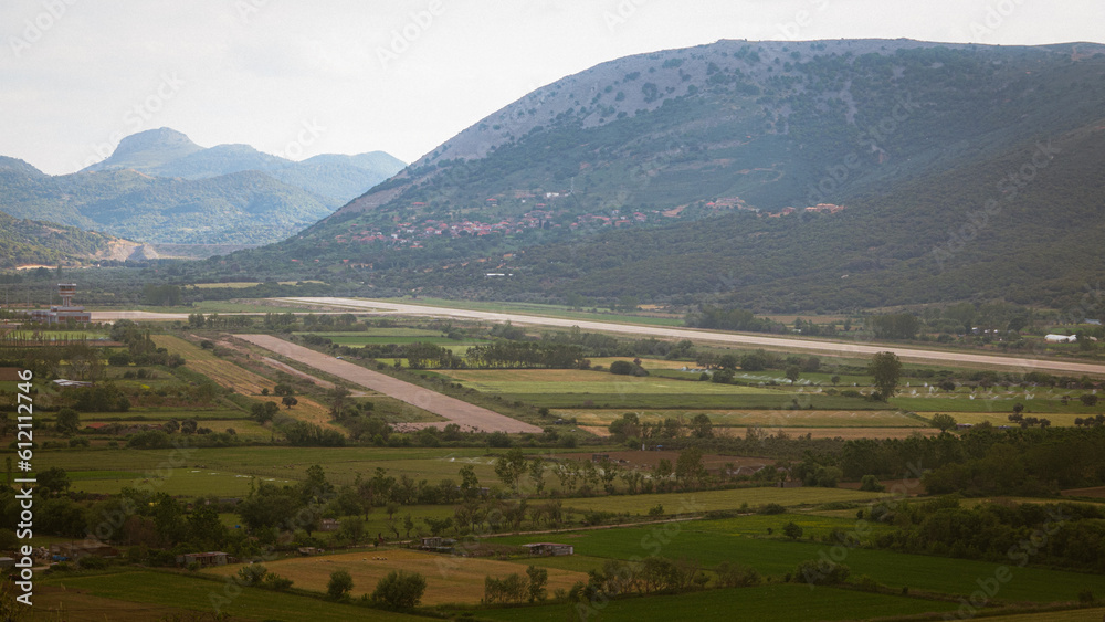 Imbros island Bademli plain, Kaleköy view from Gliki village in Gokceada, Canakkale Turkey. Imbros island .  panoramic city view