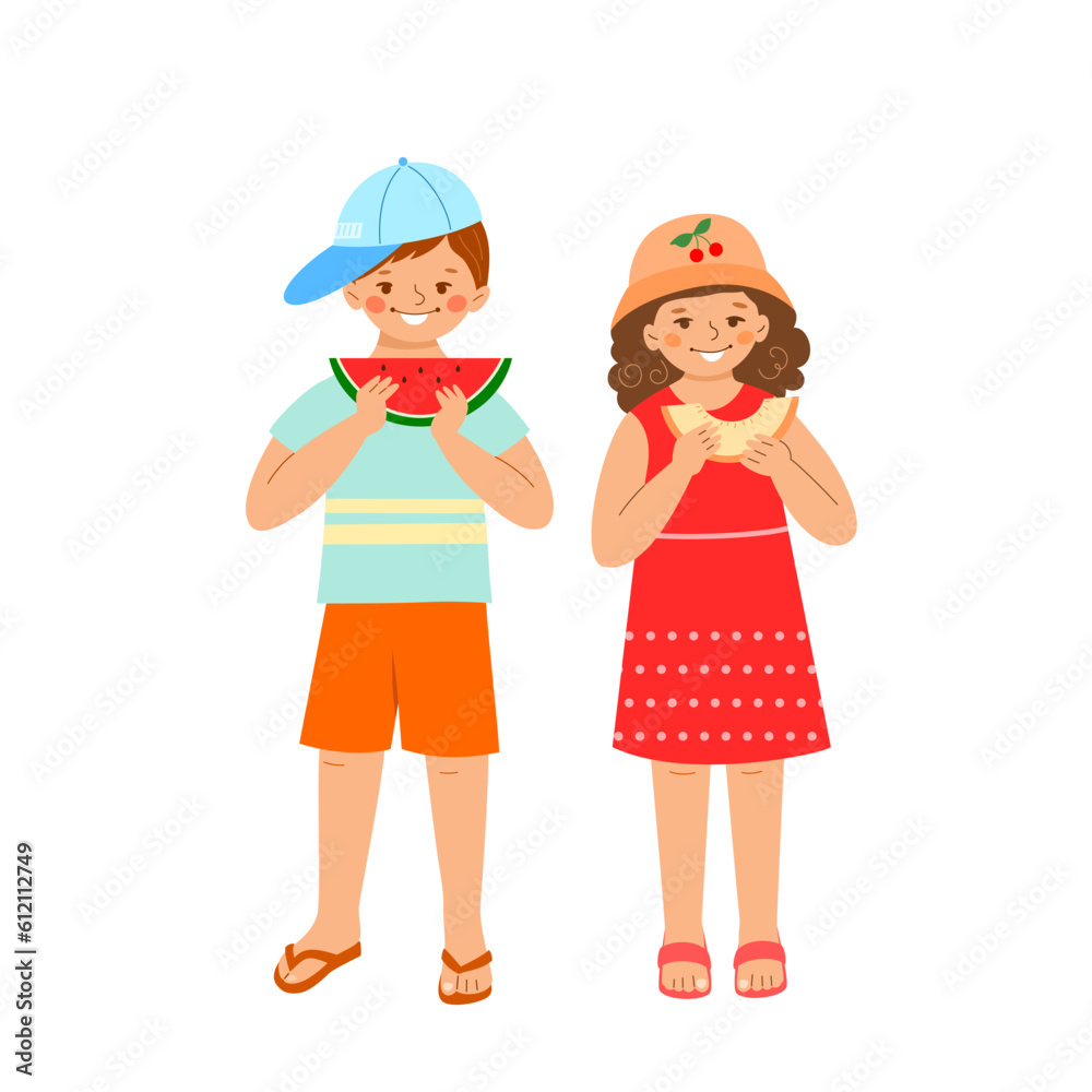 Little boy and girl in bright summer clothes, sun hat, cap and flip flops hold and eat watermelon and melon. Vector illustration of children with seasonal summer fruits isolated on white background.