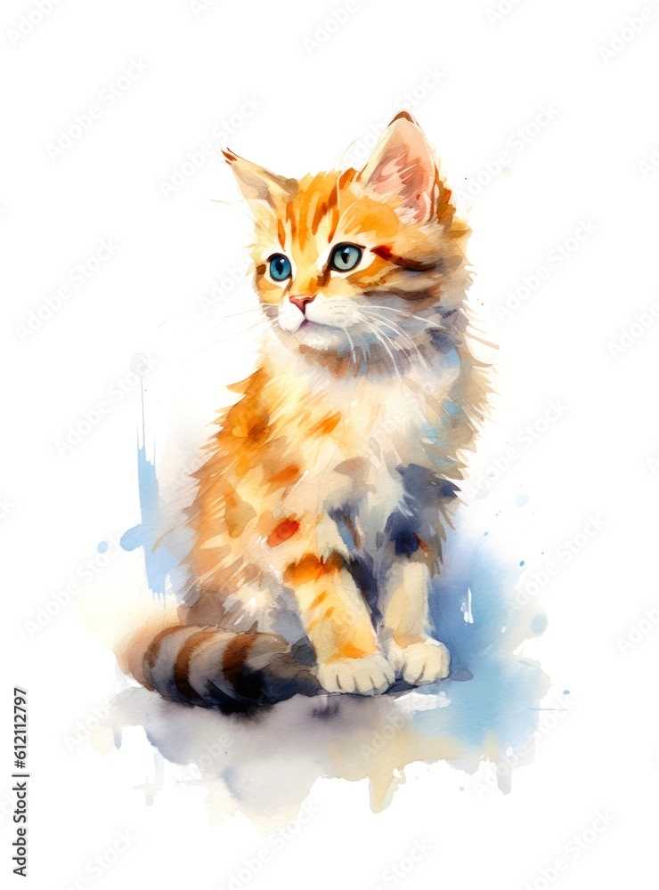 Fototapeta premium Cute orange kitten on white background, cartoon watercolor illustration. Generative AI.