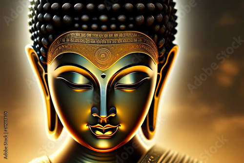 Golden Buddha Statue close-up. Buddha on a golden background. Ai generative art