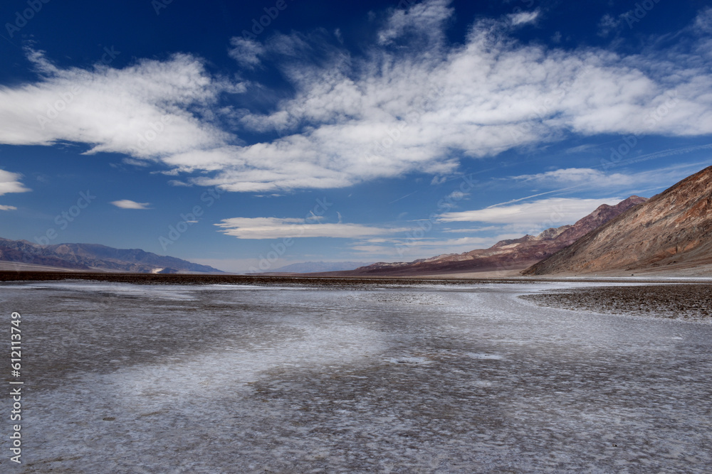 Saltsee and Badwater basin in Death Valley, California, USA.Badwater Basin is the lowest point in the US.