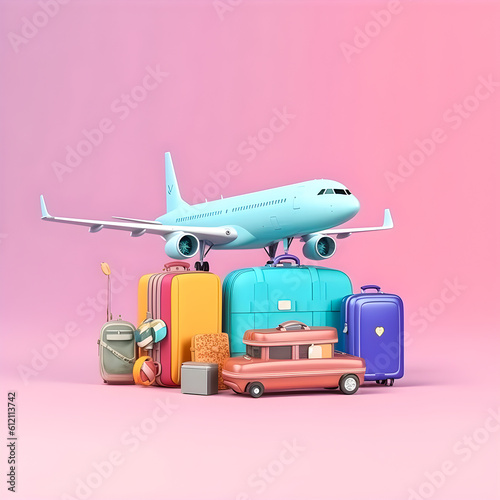 3D travel concept illustration. Travel suitcases, passport, airplane and other travel items isolated on colorful background. Copy space.